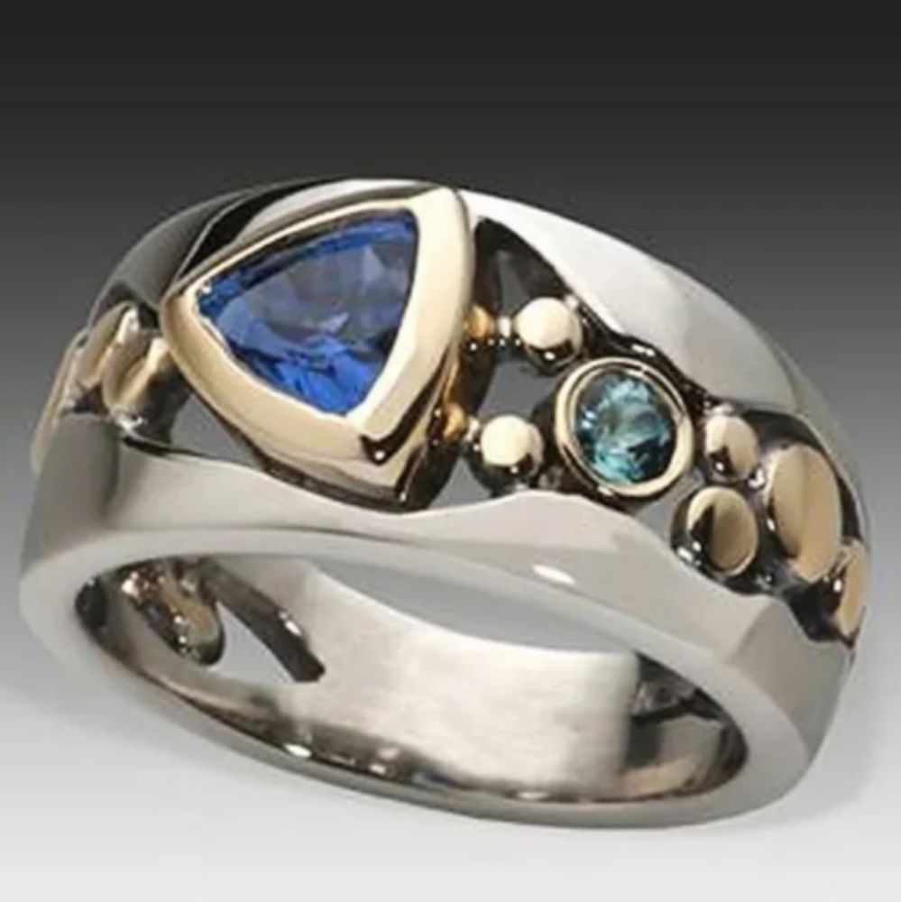 STERLING CIGAR BAND BLUE TOPAZ/ CHROME BEZEL SET GEMSTONE RING SIZE 6/7/8/9/10